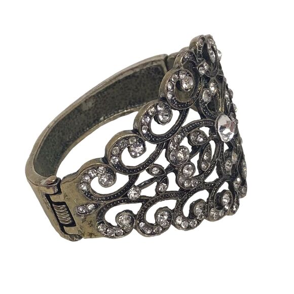 Rhinestone Bangle Bracelet Clamper Silver-tone 1950's Vintage - Picture 2 of 4